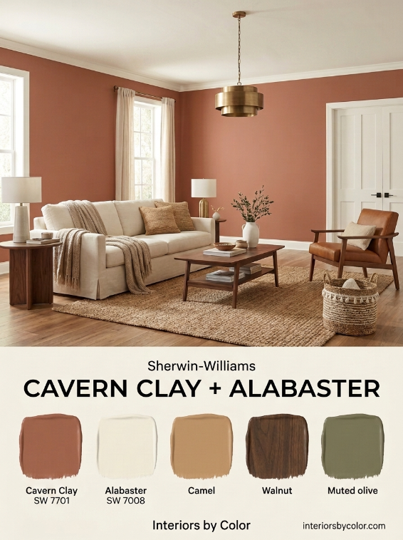 Sherwin-Williams Cavern Clay and Alabaster terracotta living room palette