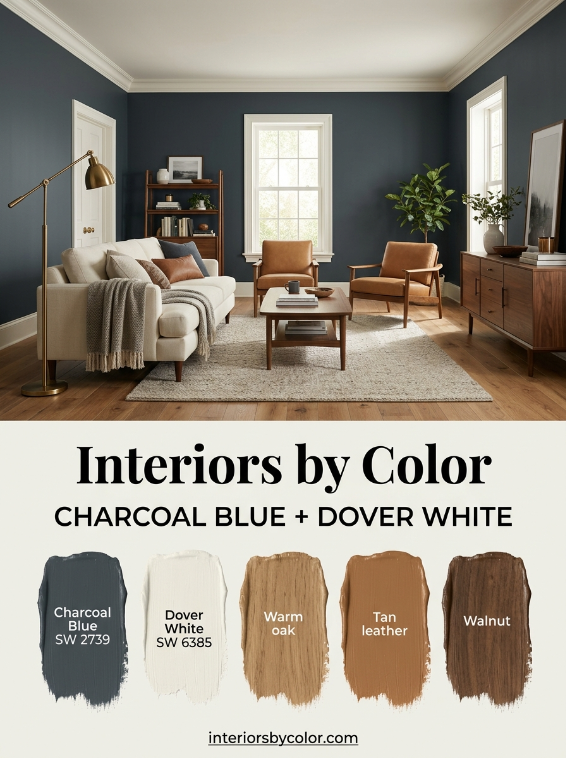 Sherwin-Williams Charcoal Blue and Dover White living room color palette