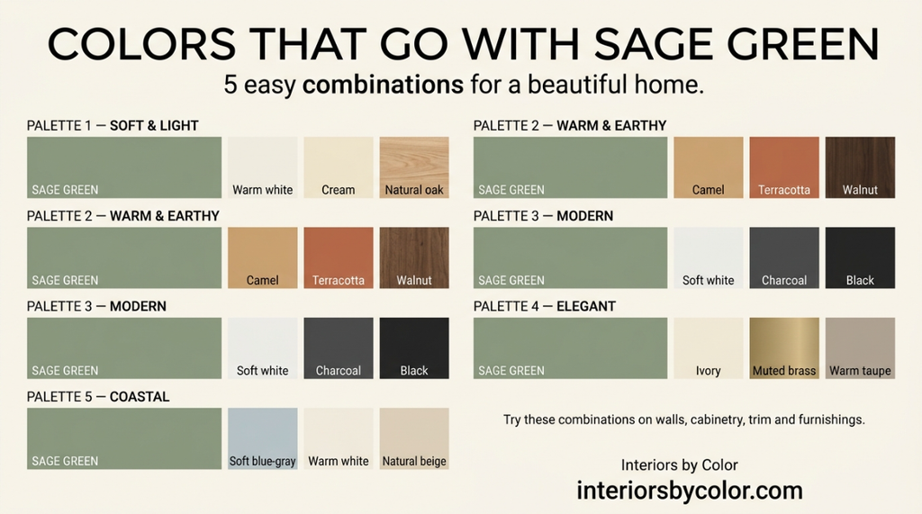 Colors that go with sage green including cream, warm white, natural wood and charcoal