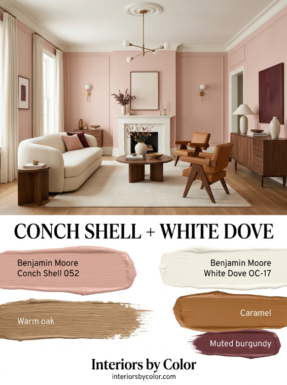 Benjamin Moore Conch Shell and White Dove pink living room color combination