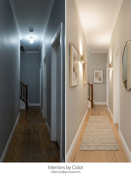 Before and after dark hallway painted a warm greige