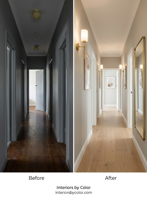 Warm white paint colors for making a dark hallway look brighter