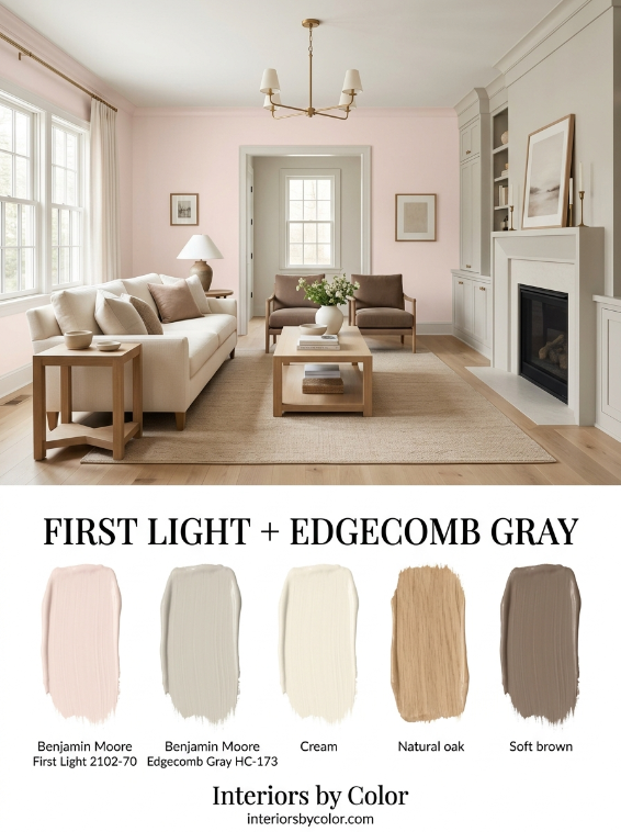 Benjamin Moore First Light and Edgecomb Gray living room paint palette