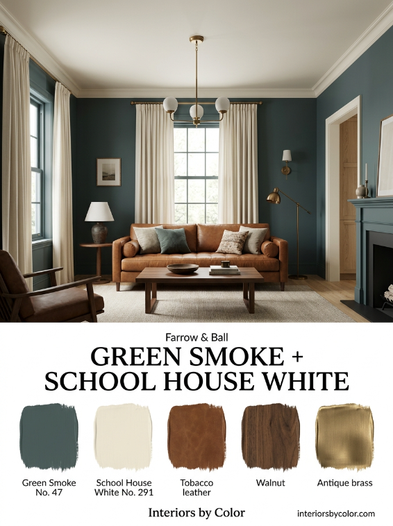 Farrow and Ball Green Smoke and School House White moody living room