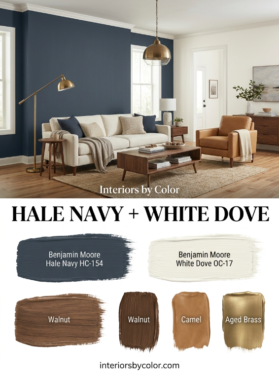 Benjamin Moore Hale Navy and White Dove navy living room color combination