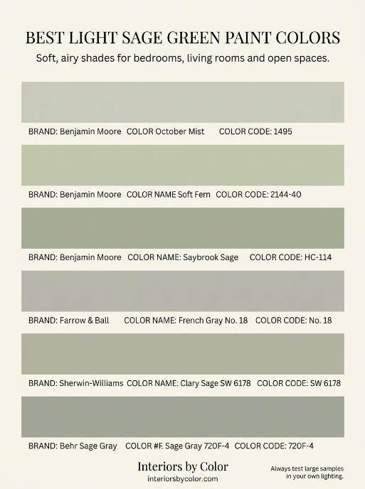 Light sage green paint color palette featuring Benjamin Moore October Mist and Soft Fern