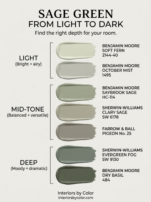 Light to dark sage green paint palette showing popular sage green shades