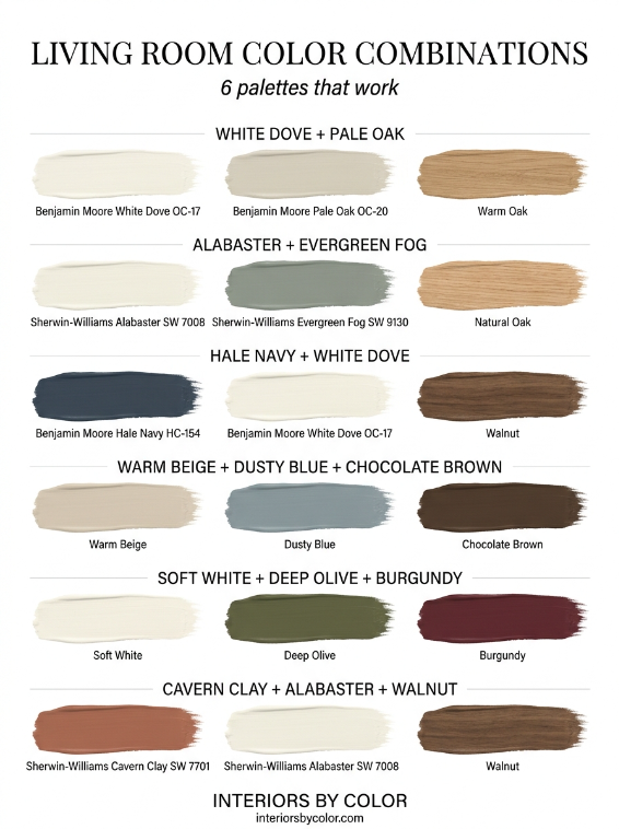 Modern living room paint color combinations featuring warm neutrals, green, navy, blue, brown and burgundy