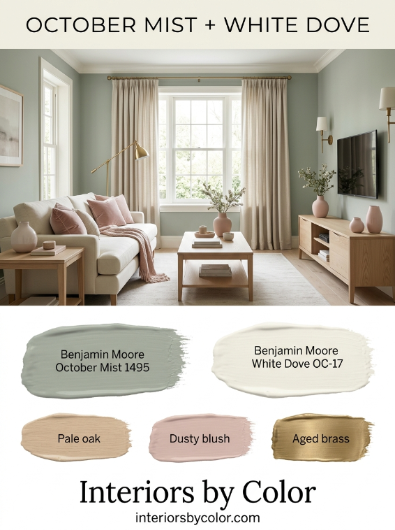 Benjamin Moore October Mist and White Dove green living room palette