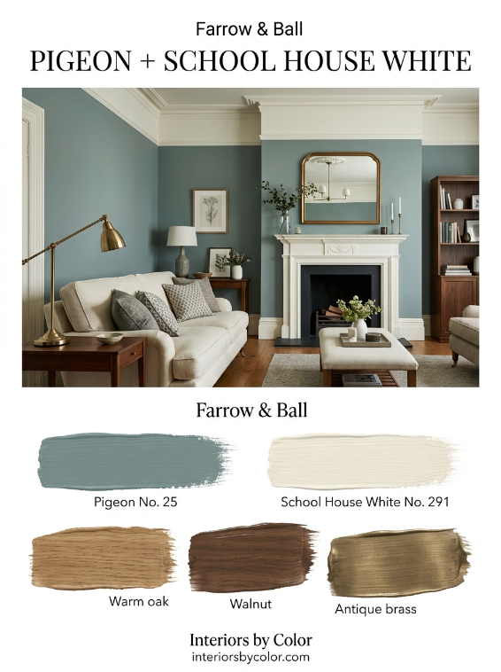 Farrow and Ball Pigeon and School House White living room color scheme