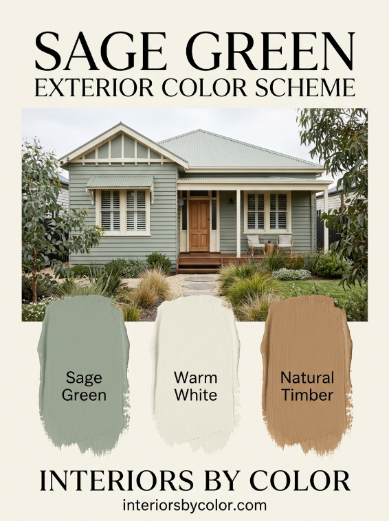 Sage green exterior house with warm white trim and natural timber for 2026 curb appeal