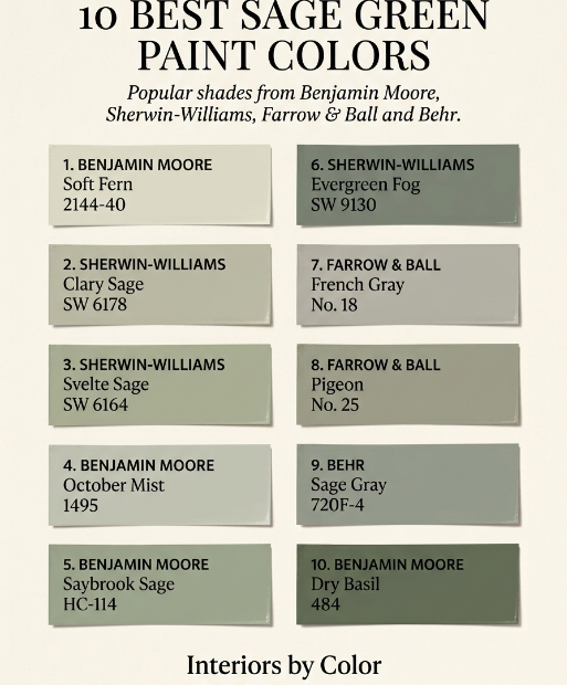 10 best sage green paint colors from Benjamin Moore, Sherwin-Williams, Farrow and Ball and Behr