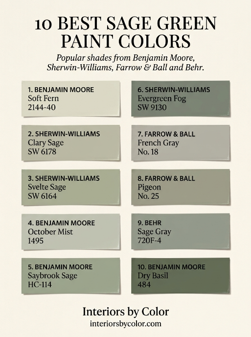 10 best sage green paint colors from Benjamin Moore, Sherwin-Williams, Farrow and Ball and Behr