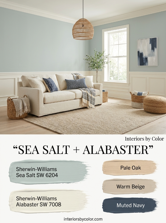 Sherwin-Williams Sea Salt and Alabaster blue green living room