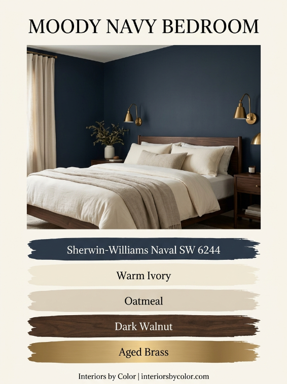 Moody navy bedroom color palette with cream, walnut, oatmeal and brass sherwin williams naval bedroom color scheme