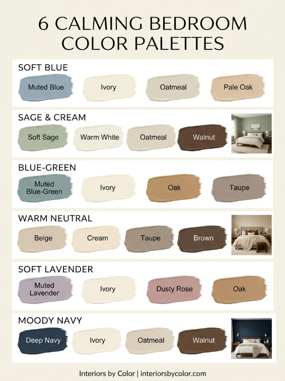 Six calming bedroom color palettes featuring blue, sage, lavender, navy and warm neutrals