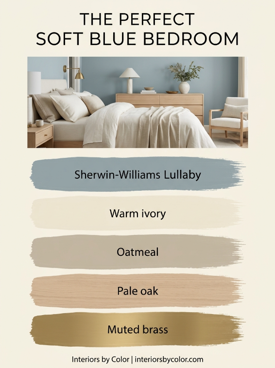 Soft blue bedroom color palette with cream, oatmeal, pale oak and brass