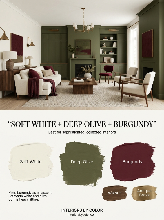 Soft white deep olive and burgundy living room color combination with walnut and antique brass