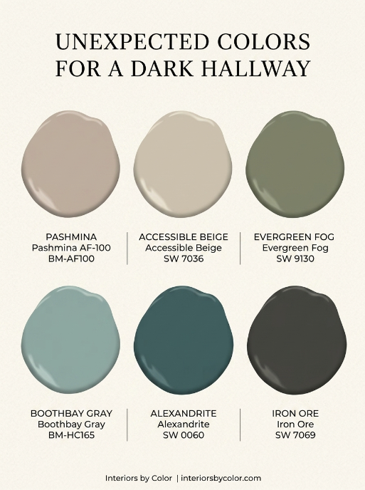 Unexpected muted paint colors for dark hallway walls