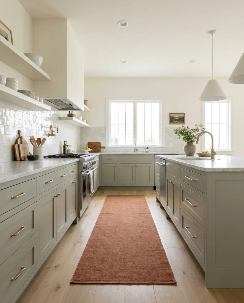 Benjamin Moore Saybrook Sage HC-114 green painted kitchen cabinets