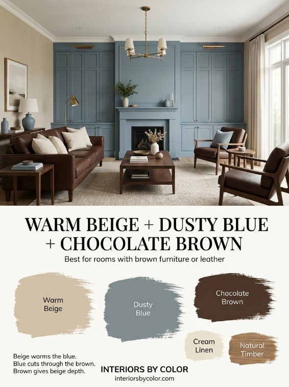 Warm beige dusty blue and chocolate brown living room color combination with paint palette