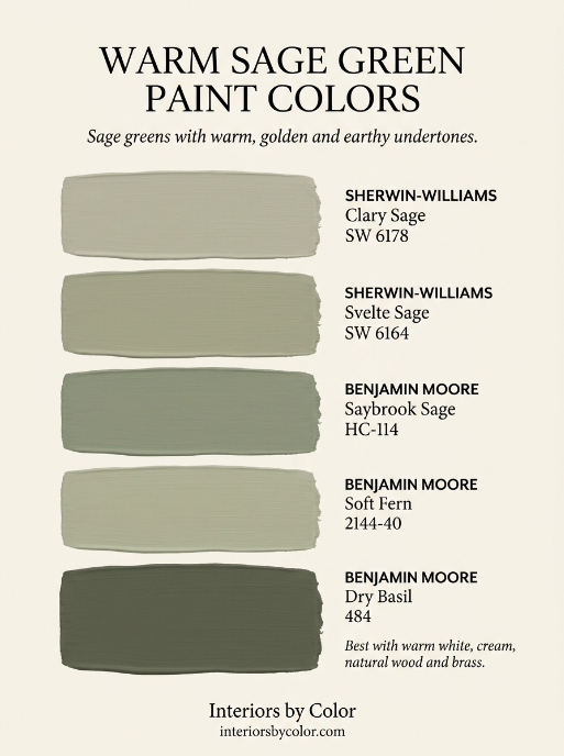 Warm sage green paint colors with yellow, tan and earthy undertones