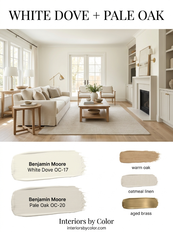 Benjamin Moore White Dove and Pale Oak living room color combination with warm neutral paint palette
